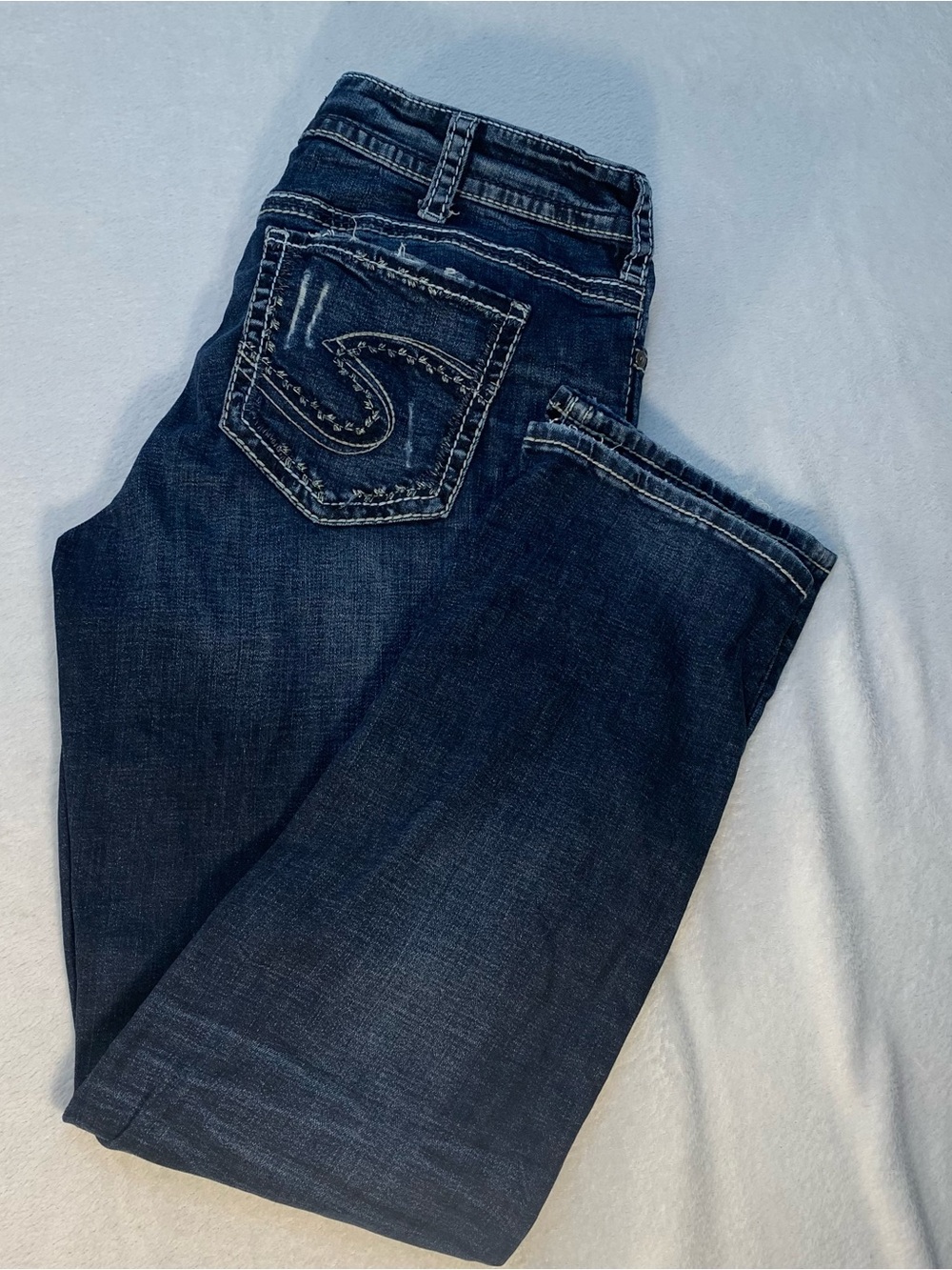 Women’s Silver Jeans Dark Blue Boot Cut Jeans with Contrast Pocket Stitch Sz 16